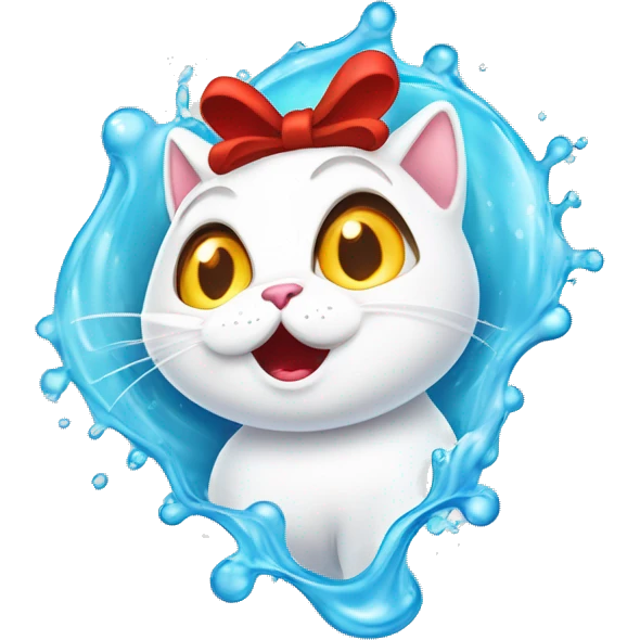 A white cartoon cat with a red bow on its left ear, looking unwell. A colorful stream of liquid comes from her mouth in a playful and exaggerated way, giving the image a lighthearted and humorous tone. The scene is drawn in a cute, cartoonish style emoji