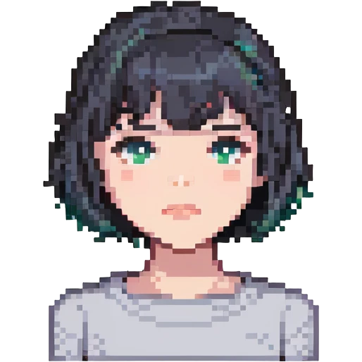 girl with short black hair, bob, with a white strand and gray eyes emoji