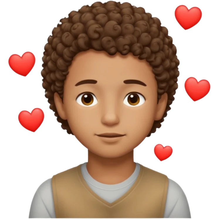 Brown boy with short curly hair dreaming abouthis girlfriend small smirk on his face eyes closed with a little heart next to him emoji