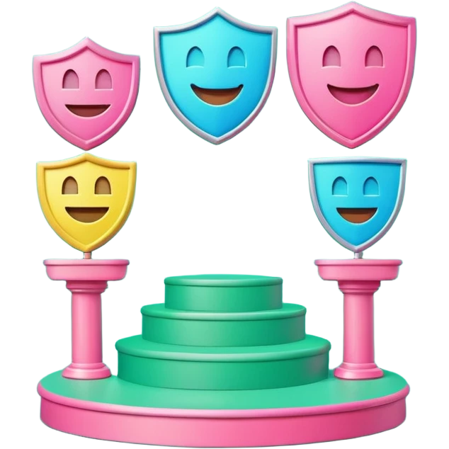 Minimalist 3D emoji-style podium with 2 steps on a green chroma key background. Step 1 (higher) features a handshake icon with blue neon glow. Step 2 (lower) features a smiling tooth with a shield icon and pink neon glow. Clean rendering, soft colors, uniform lighting. emoji