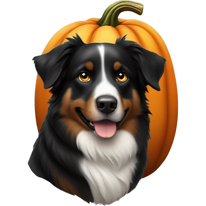 black australian shepherd dog in a pumpkin emoji