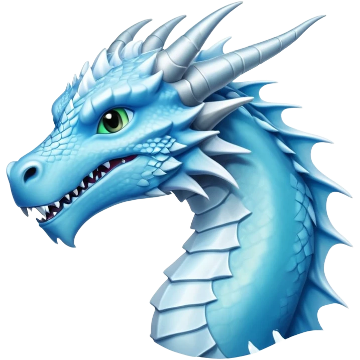 Cinematic Noble elegant Ice Dragon Portrait Emoji, Poised and imposing, distinct long elegant snout, with a slender, scaled body shimmering in glacial hues of icy blue, frostbitten silver, and crystalline white, breathing out frost, with piercing, glowing eyes that radiate the chilling depths of an arctic storm; rendered in detail. emoji