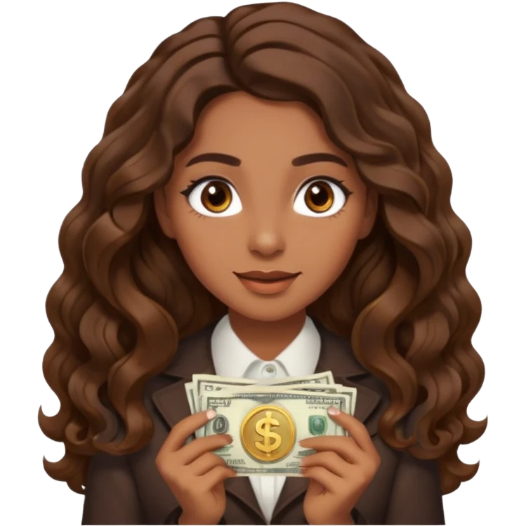 She has long, brown hair styled in soft wavy curls with a middle part. She has well-shaped eyebrows and dark brown eyes. She is wearing light makeup that highlights her natural beauty and is offering a slight smile to the camera. She is surprise when it comes to money emoji