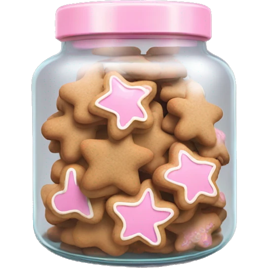 Realistic glass cookie jar with light pink lid full of gingerbread cookies isolated.  emoji