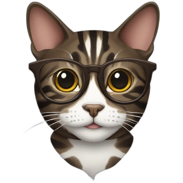 Striped wenge domestic shorthair cat head with white mouth wearing glasses emoji