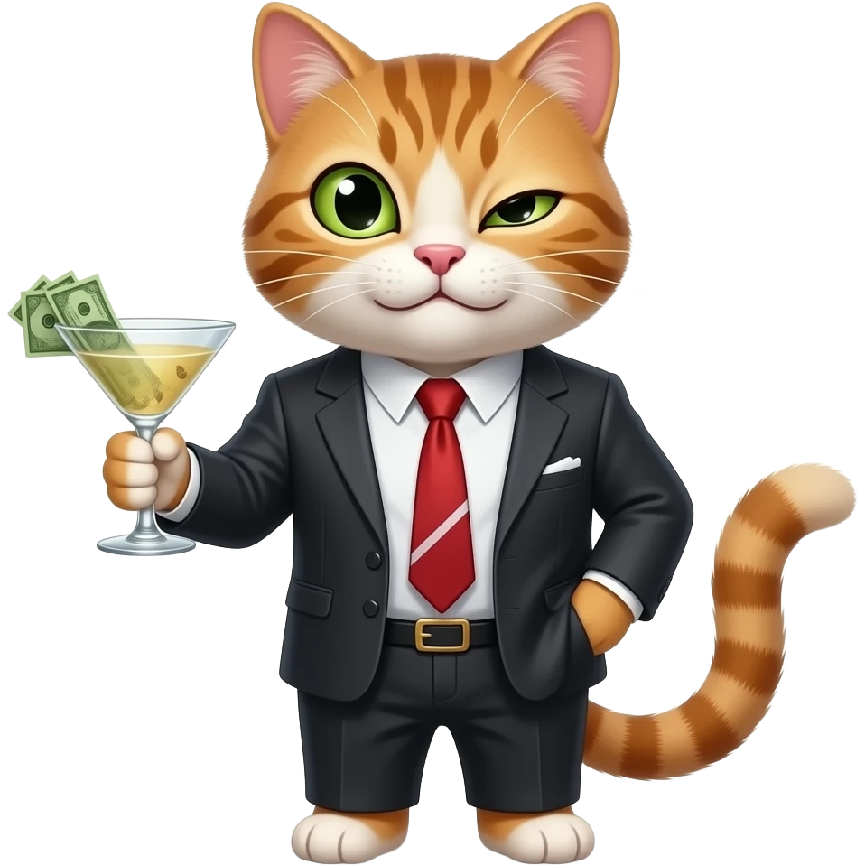 Give me a cat with a devious smirk and side-eye, with money and and dirty martini in hand emoji