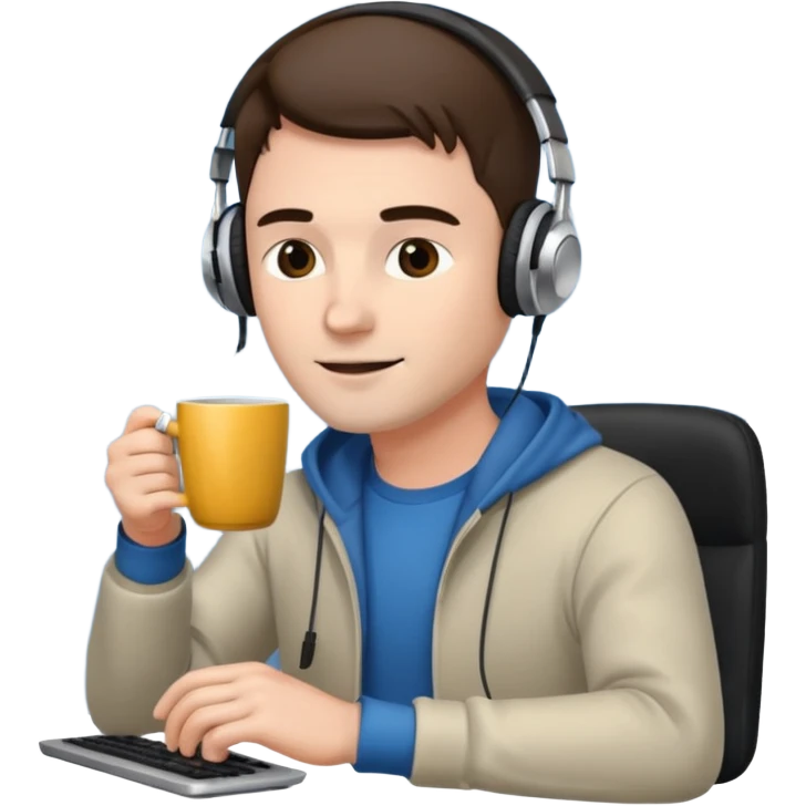 emoji ios 18, guy in headphones at computer, drinking coffee emoji