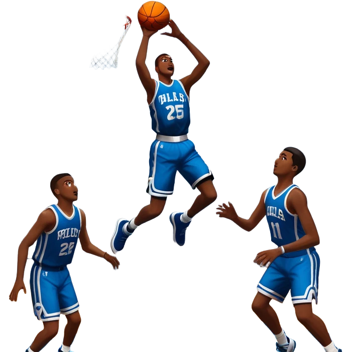 An icon featuring a basketball court with players in action, inspired by NBA 2K25. A player jumps for a dunk, with the ball mid-air. Bright lights illuminate the court, symbolizing the excitement of sports simulation games. Transparent background emphasizes the energy. emoji