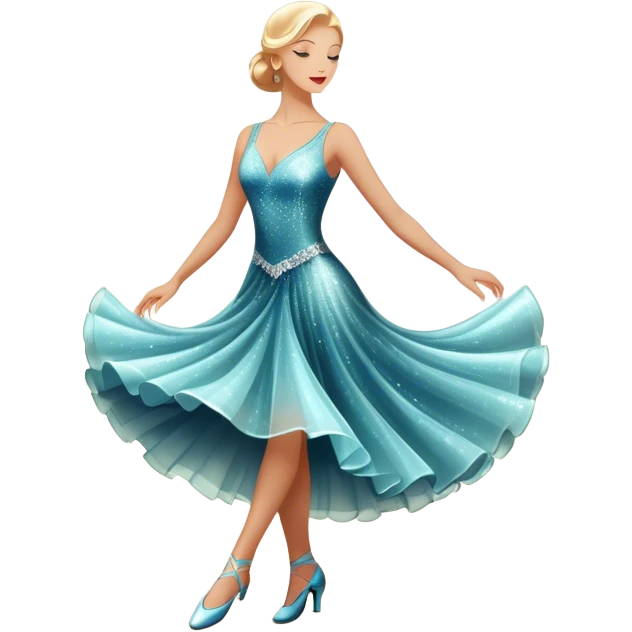 Humanless Icon for Ballroom Dance: elegant ballroom dance shoes, a sparkling dress, and a dance floor with a spotlight. The icon should capture the grace and elegance of ballroom dancing, with emphasis on movement and rhythm. Transparent background. emoji