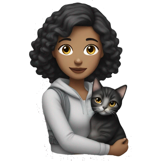 white girl with dark black hair holding a grey tabby cat emoji