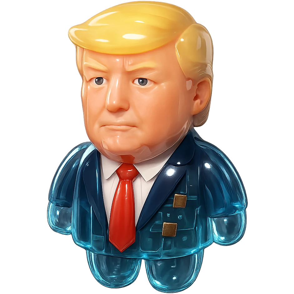Donald Trump, glossy 3D avatar, facing forward, dark suit, white shirt, red tie, realistic face with slight cartoon style, smooth lighting, black background, centered emoji