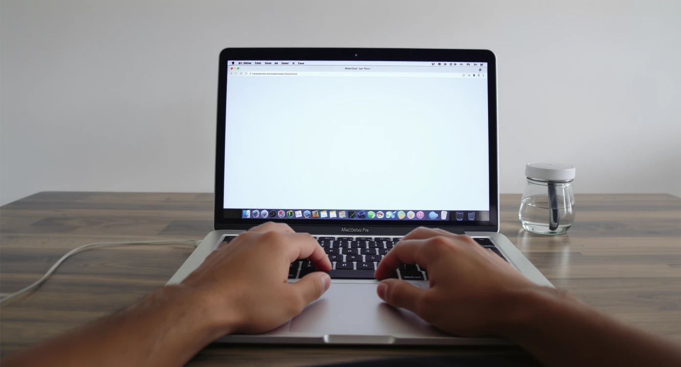 POV shot, Man writing on macbook pro keyboard, minimalistic environment emoji