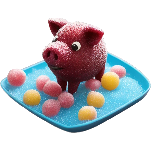 Sparkling Pig made of maroon sparkling sour candy laces andc sweets walking covered in sugar  emoji