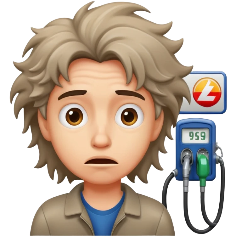 Disheveled person with anxious expression at a gas station pump emoji