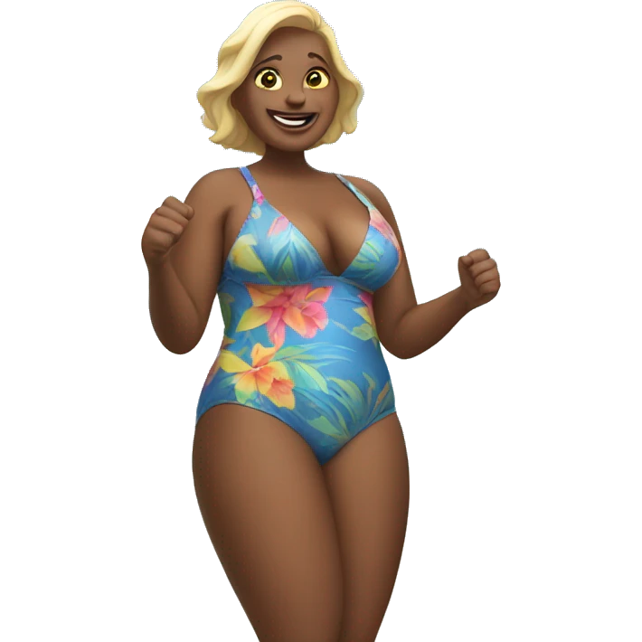 A big woman in a bathing suit on the beach with  emoji
