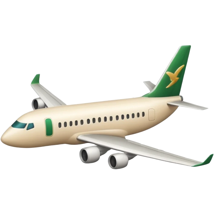 long light beige passenger airplane with light beige wings and dark green accents, emoji style emoji