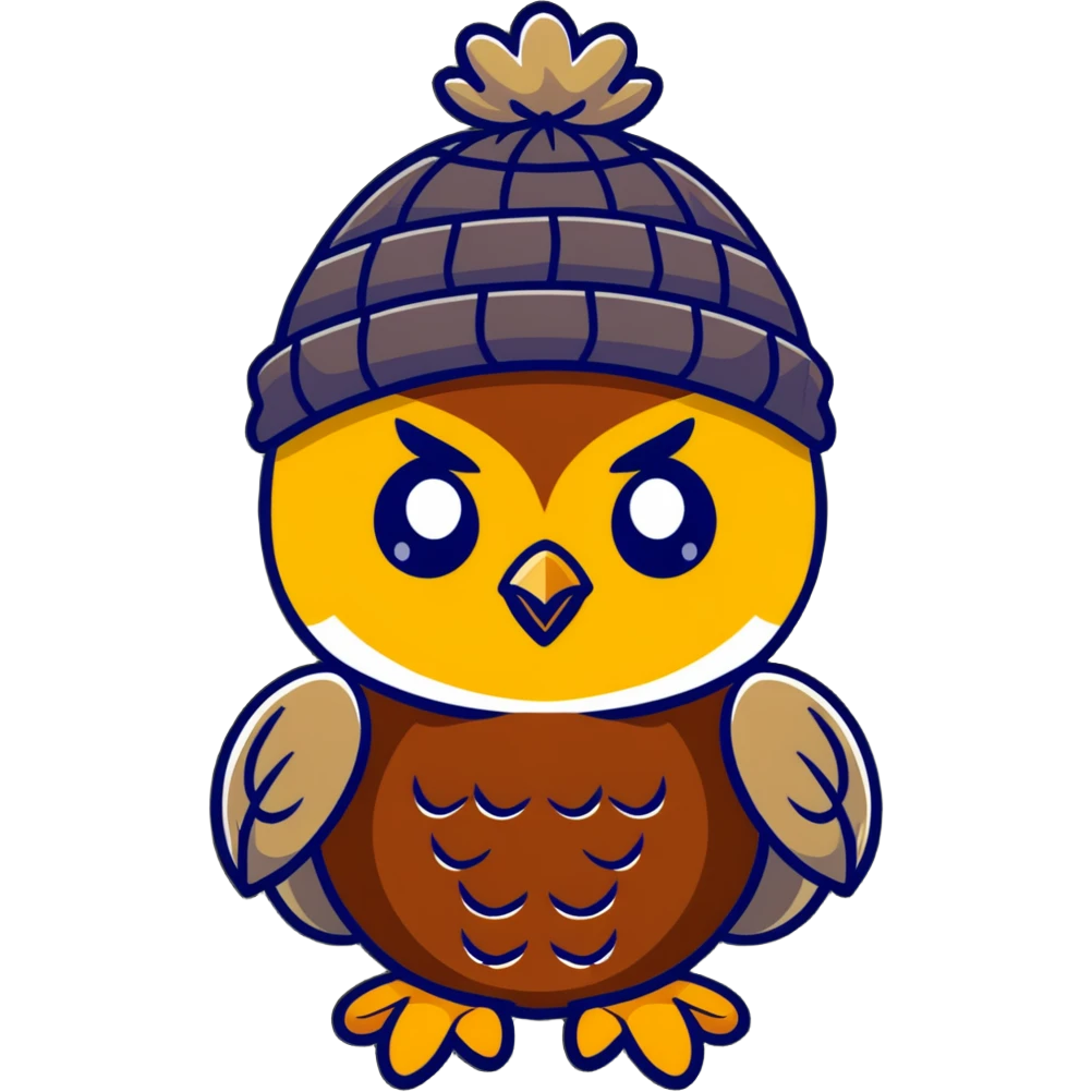 golden owl with shiny feathers. With a knitted hat in head  emoji