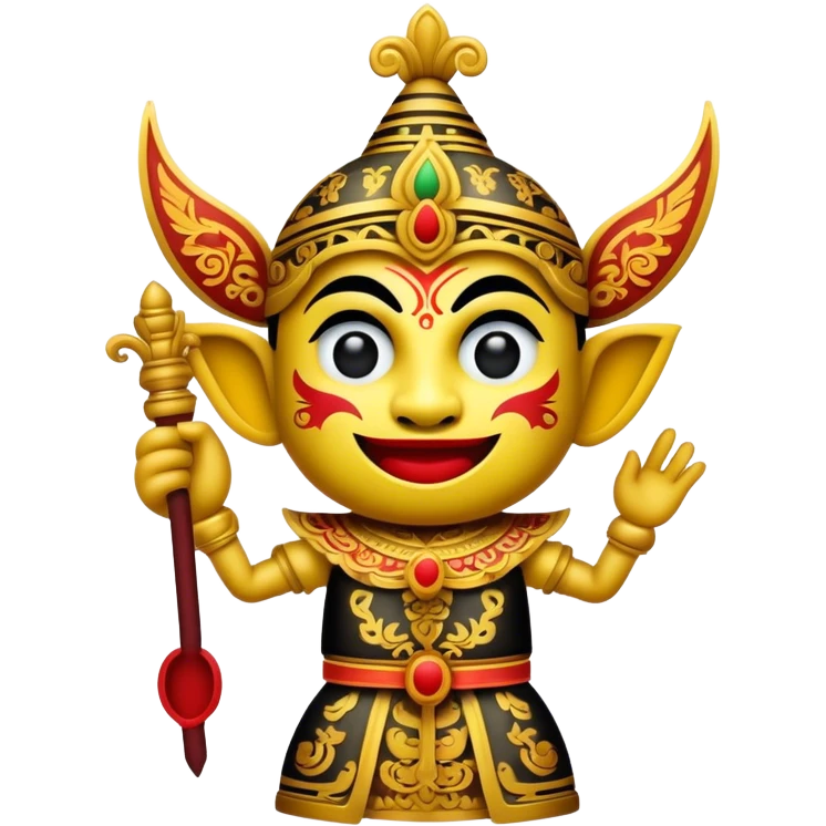Cinematic Realistic Wayang Kulit Pop Culture Emoji, featuring a vibrant shadow-puppet theatre scene rendered with dynamic textures and artistic, traditional lighting. emoji