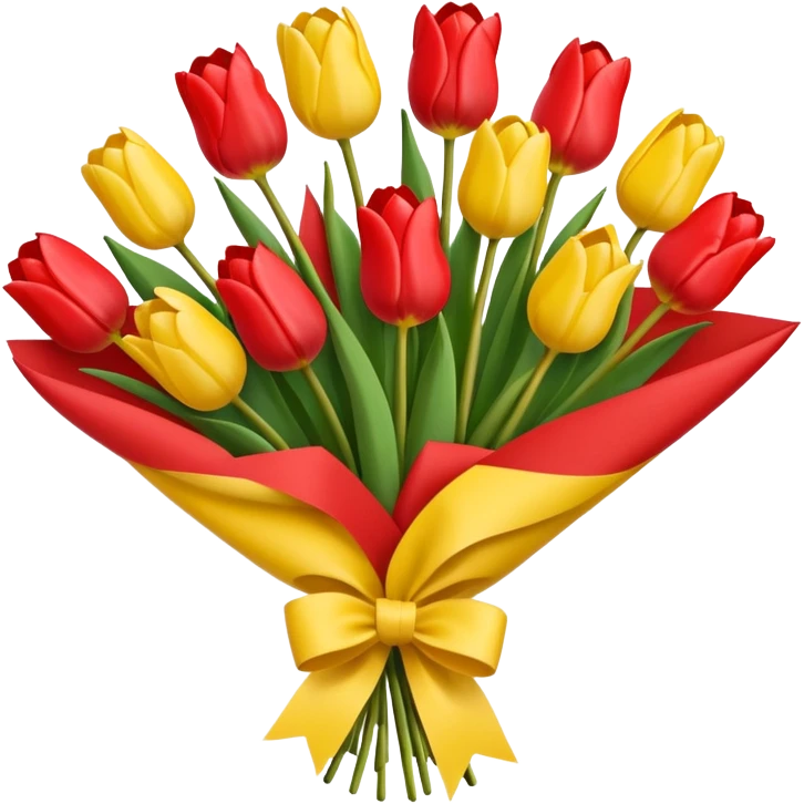 bouquet of tulip with red bow and yellow wrapping paper emoji