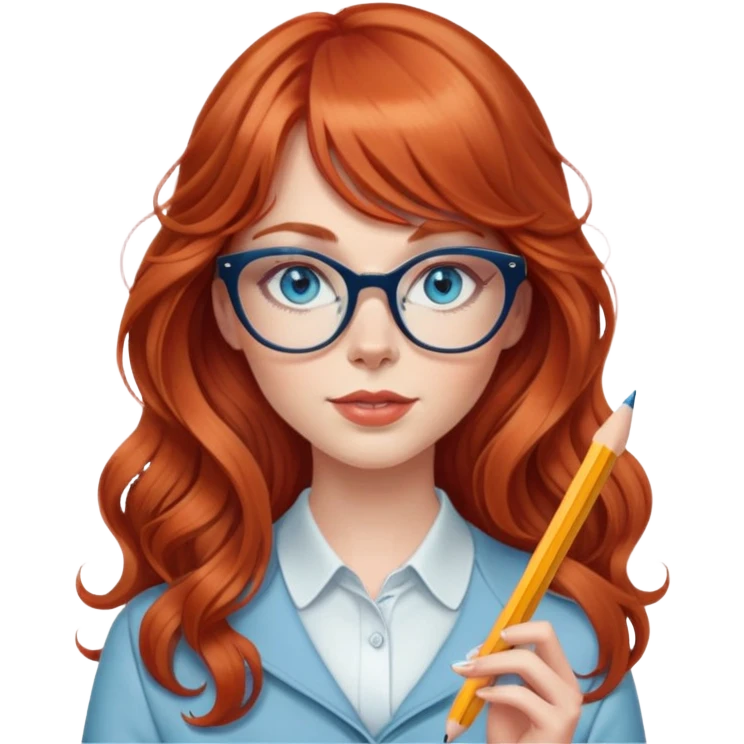 redheaded woman with very long wavy hair and bangs, blue eyes, clear cat-eye glasses, stylish modern outfit, holding a pencil emoji