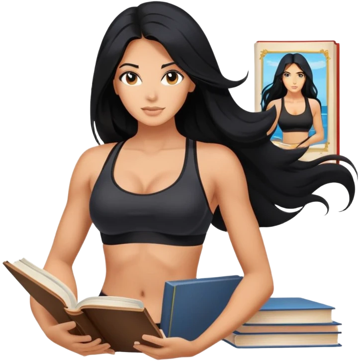 differemt hobbies floating back ground, 1 book, art, and sports, tanned long black hair woman, sexy black sports bra  emoji