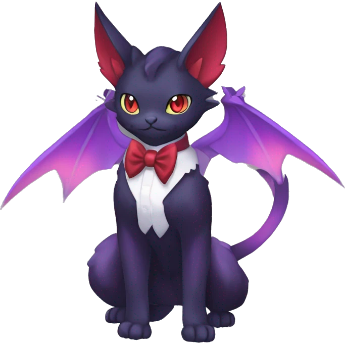 cool kawaii black purple red ethereal fantasy beautiful elegant nargacuga-Noivern-cat-Fakemon collar harness bow tie and bracers full body emoji