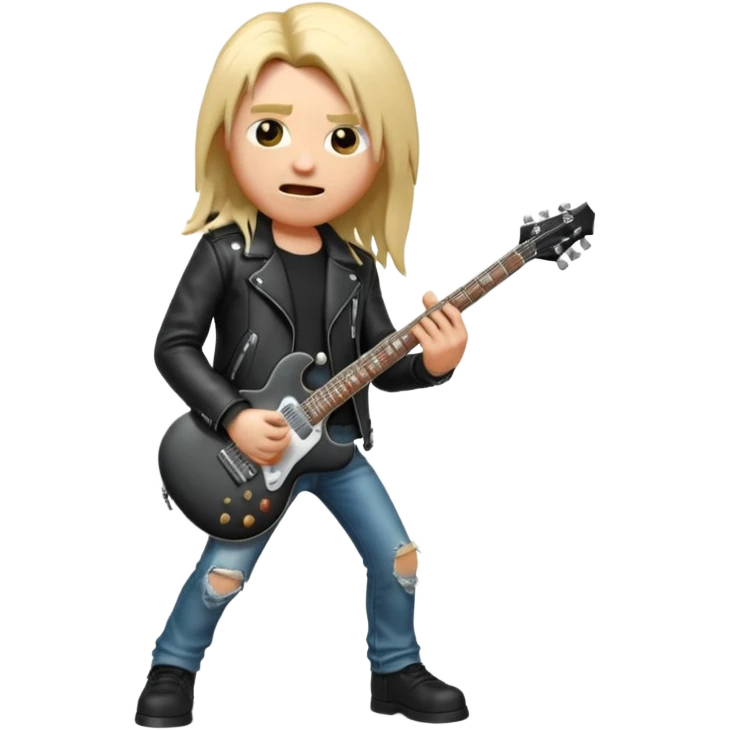 3D Apple-style emoji of a metal musician. Long hair, black leather jacket, ripped jeans, holding an electric guitar. Intense expression, glossy, rounded, smooth, soft shadows, white background.









 emoji