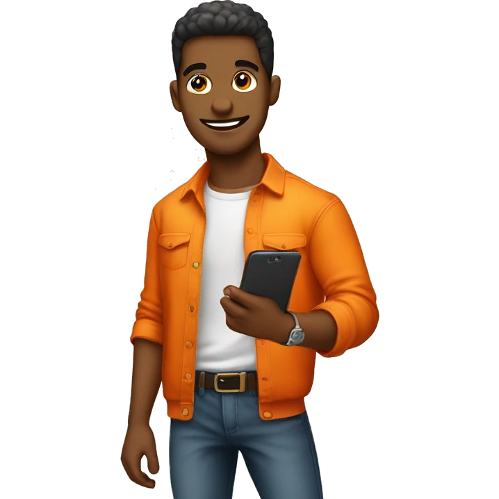 Hombre joven moderno con camisa de color naranja y usando celular emoji