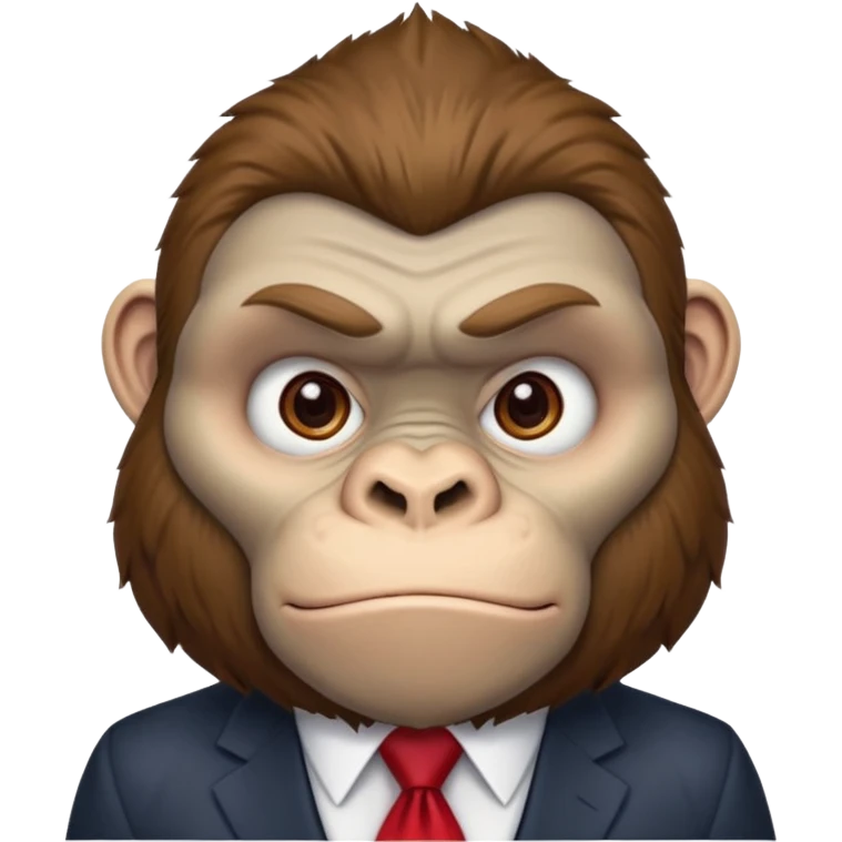 Brown haired cartoon gorilla with tufted tip of hair on the top of his head, light skin tone, heavy brows and cartoony eyes, he is a strong ape with and a red tie, but doesn't were any suit  emoji