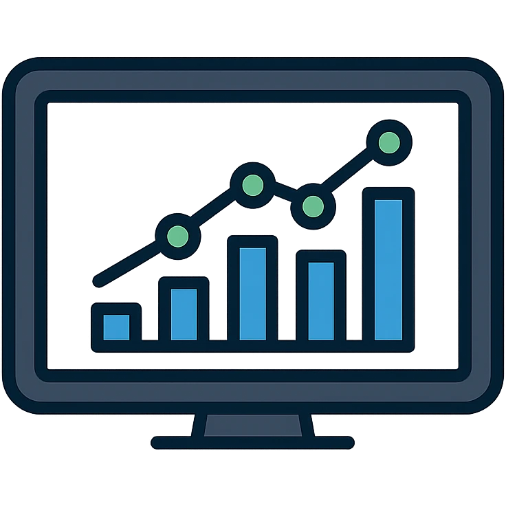 clean modern KPI dashboard icon, flat vector style, rectangular screen with dark navy or black frame, white or light gray background inside, rising bar chart with four bars of varying height in single accent color blue or green, line graph overlay with data points, analytical tech-savvy minimal business metrics data tracking emoji