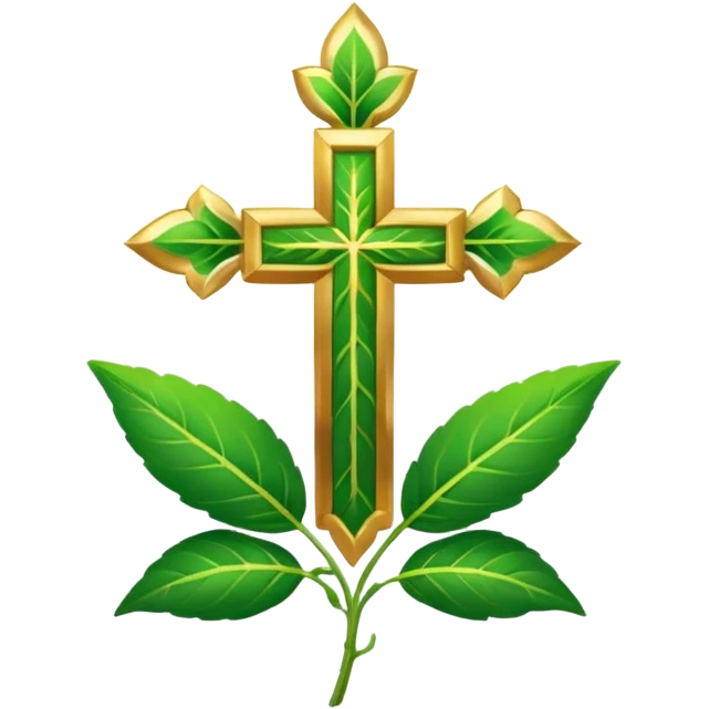 "A clean, friendly emoji of three vibrant green Tulsi (Holy Basil) leaves centered over a small, glowing golden cross or 'plus' sign, symbolizing healing. Simple, flat, 32x32 pixel icon style. Transparent background. Icon for natural healing and wellness." emoji