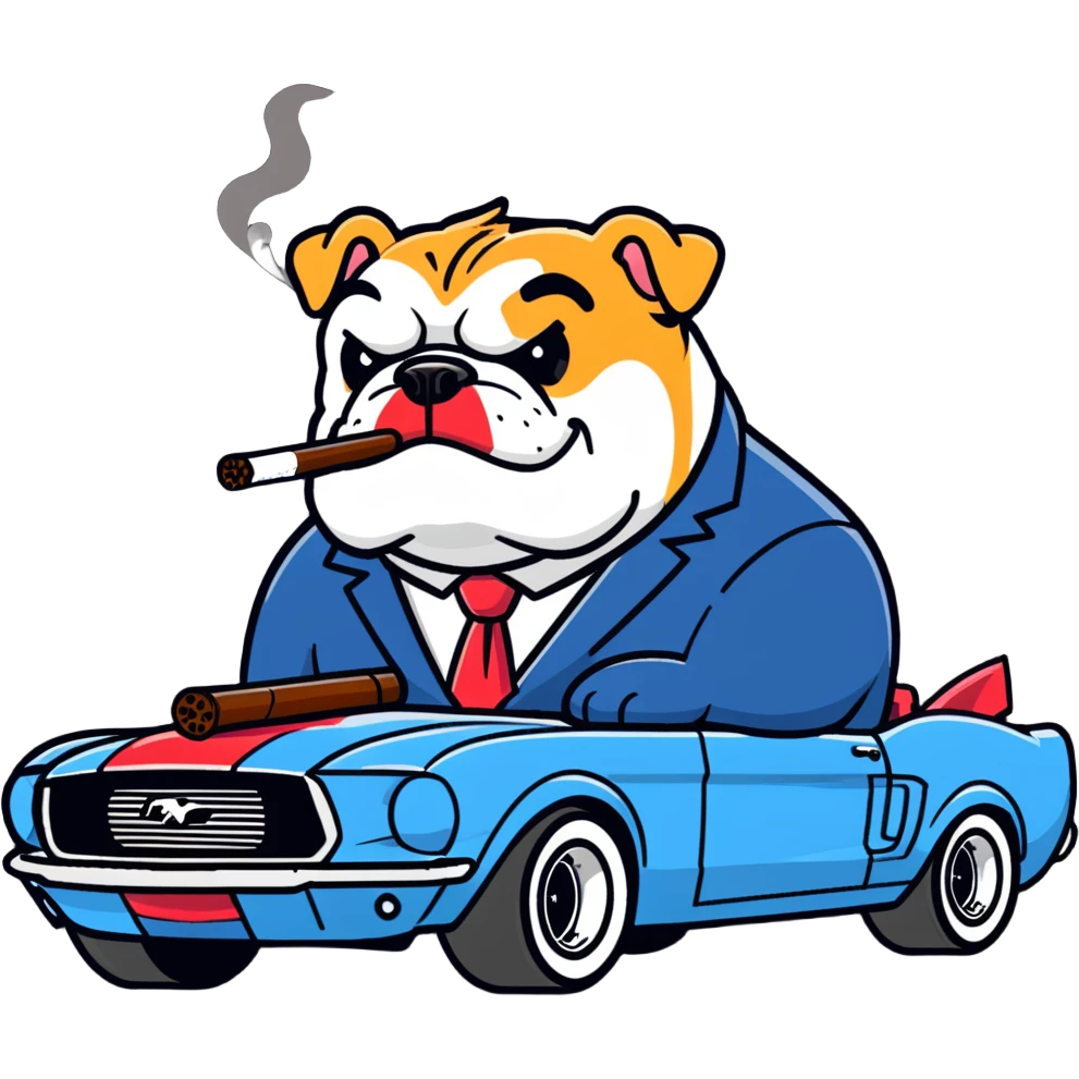 Big fat bulldog driving a Mustang GT500 smoking a big fat cigar with long shaggy head wearing a suit nice and funky emoji