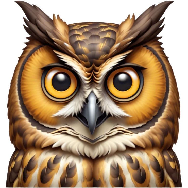 Cinematic Comical Great Horned Owl Portrait Emoji, Head tilted dramatically with an exaggeratedly amused expression, featuring a strikingly patterned mottled plumage with bold contrasts, wide, expressive golden eyes filled with playful disbelief, Simplified yet hilariously expressive features, highly detailed, glowing with a slightly sassy glow, high shine, dramatic yet playful, stylized with an air of cheeky nocturnal mischief, bright and endearing, soft glowing outline, capturing the essence of a spirited and over-the-top owl, so meme-worthy it feels like it could hoot its way into internet fame instantly! emoji