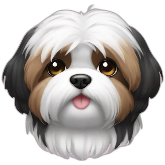 Shitzu, preta e branca, mancha preta no olho esquerdo, laço rosa emoji