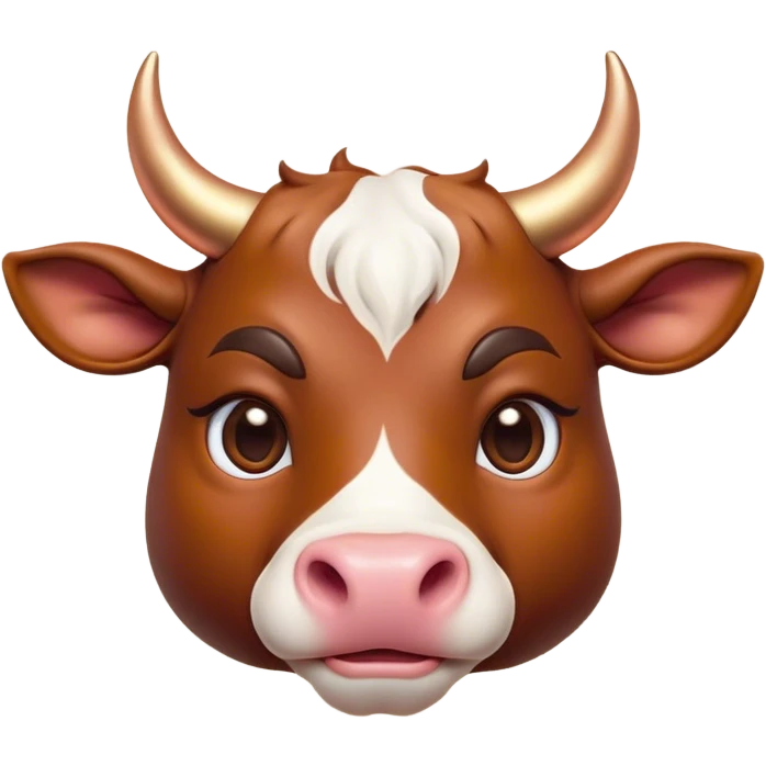 Cinematic Cute Domestic Bull Portrait Emoji, Head tilted playfully and inquisitively, with a sturdy, compact build and a smooth, polished coat of rich copper and brown hues accentuated by gently curved horns, round, sparkling eyes full of curious determination, Simplified yet irresistibly adorable features, highly detailed, glowing with a warm, friendly glow, high shine, affectionate and spirited, stylized with a touch of rustic charm, soft glowing outline, capturing the essence of a mischievous yet loving domestic bull that feels like it could trot out of the screen and into your arms! emoji