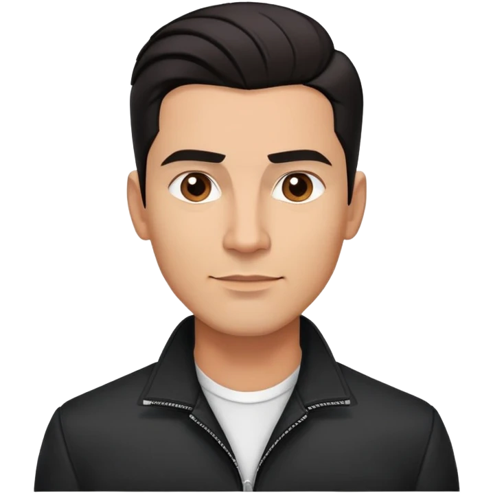 Attractive Hispanic TV host in his early 40s with light brown skin, short straight black hair slicked back with fade on sides, square handsome face with strong jawline, friendly approachable expression, wearing black jacket with white buttoned shirt underneath emoji
