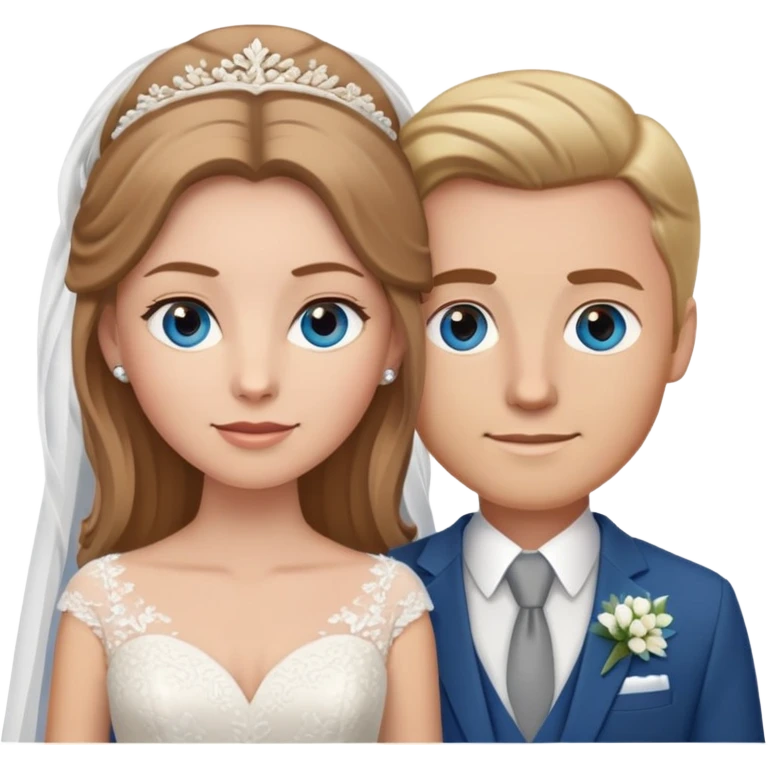 portrait of a bride with light brown hair and grey-blue eyes, and a groom with blonde hair, blue eyes, wearing a brown suit emoji