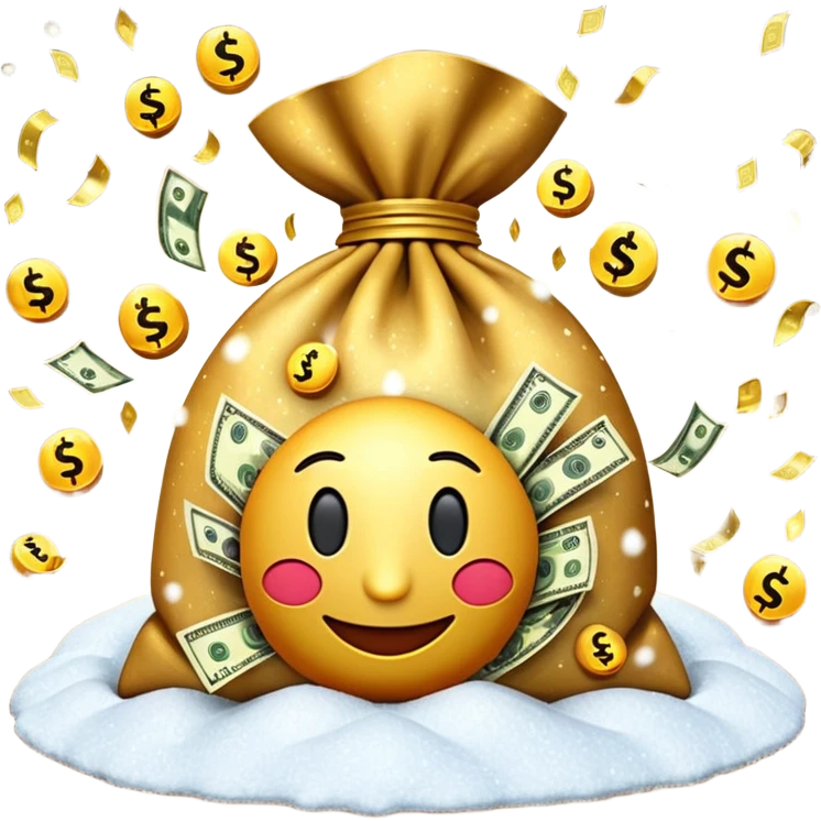 3D emoji style, money bag with dollar bills, New Year theme, snow particles, festive lighting, rich vibe, high detail, transparent background

 emoji