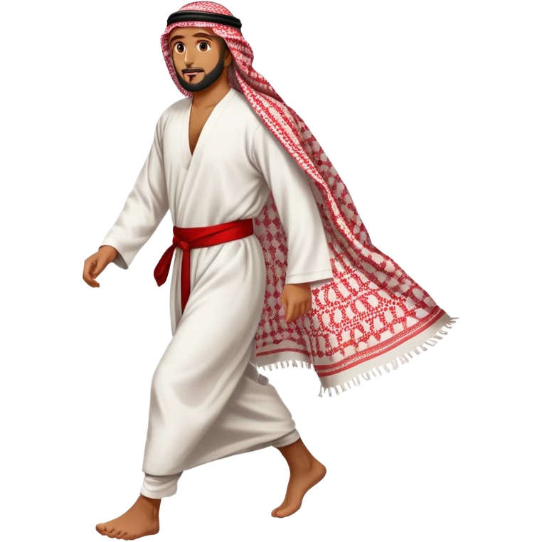 Arab man walking, traditional thobe and keffiyeh, mid-stride emoji