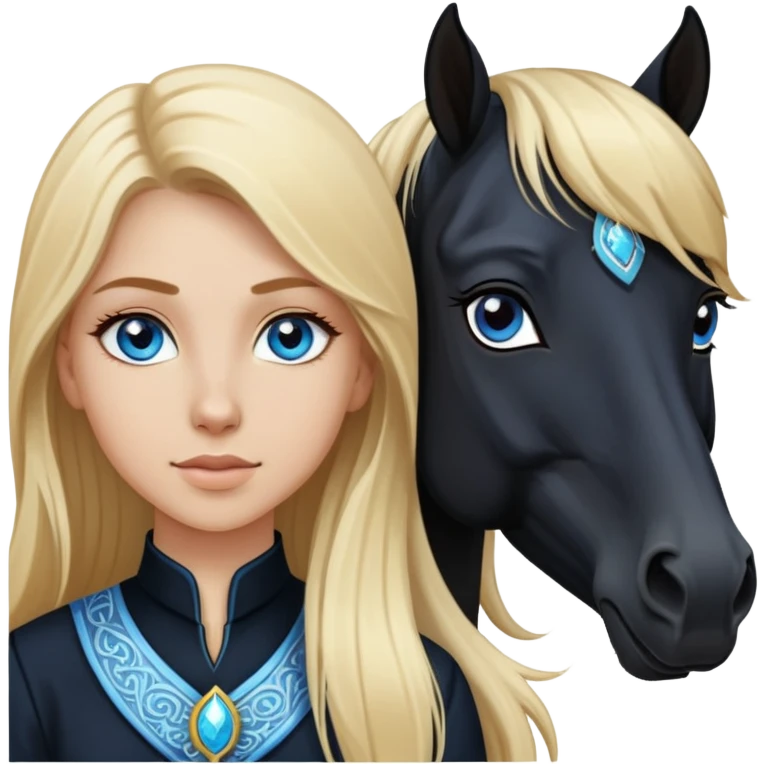 White girl, long blonde hair, beautiful blue eyes, next to a black Arabian horse emoji
