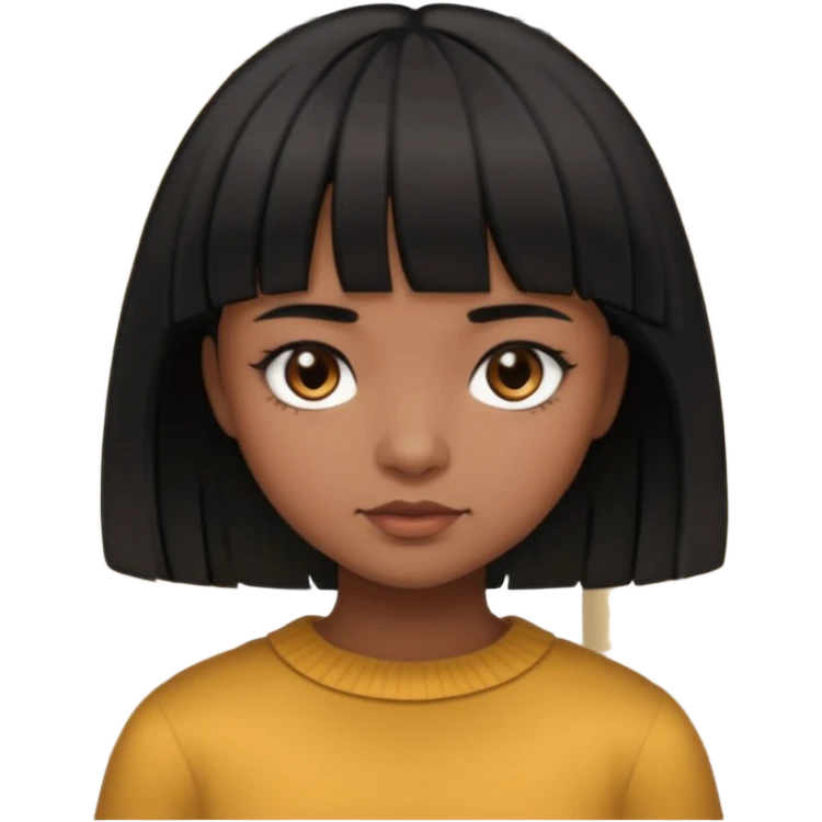 Girl that has a short black hime cut with curtain bangs, then dark brown eyes, and has a bit brown skin emoji