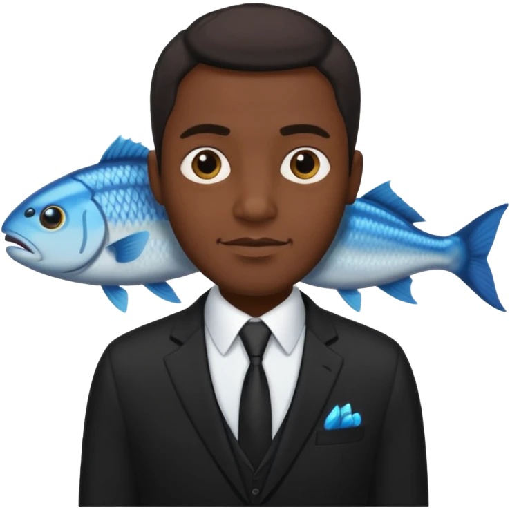 A man dressed in a black suit. His face is that of a fish — therefore, he has NO human face!! The fish’s face is positioned vertically, meaning its mouth is facing upward. Ok? emoji