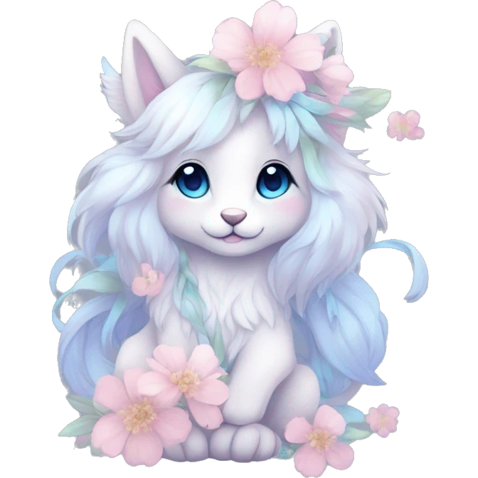 Anthro Cute Cool Pastel Innocent Shy Kawaii gorgeous sparkly ethereal fantasy animal creature with blue eyes furry sona with flowers and ribbons beautiful aesthetic emoji