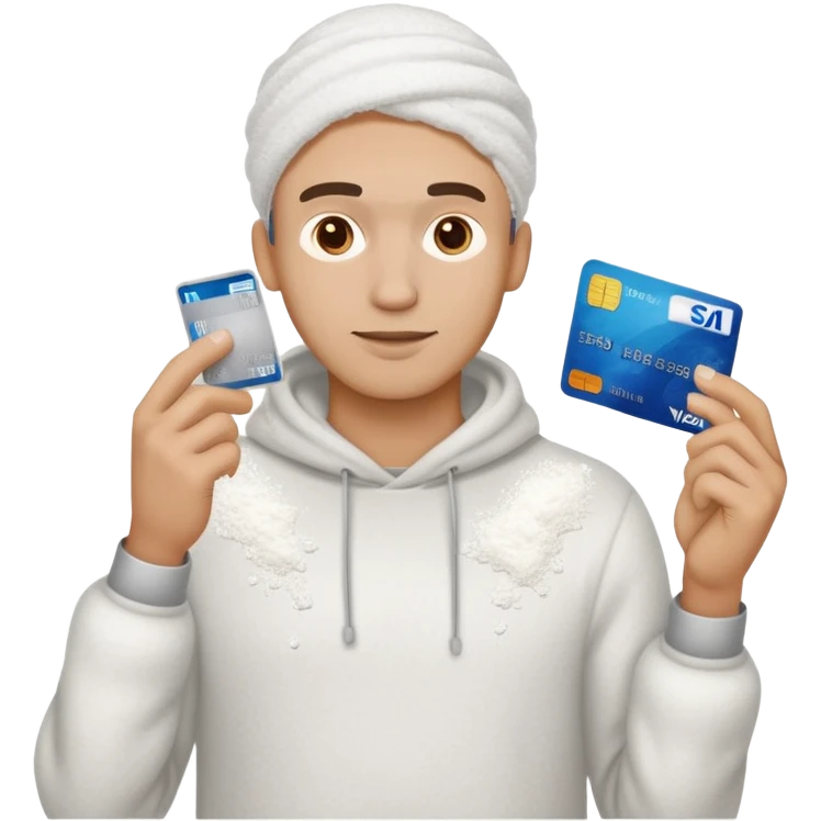 Man with credit card in hand and head in flour emoji