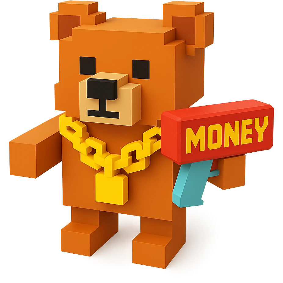 A grizzly bear with a chain and a money gun, facing forward emoji