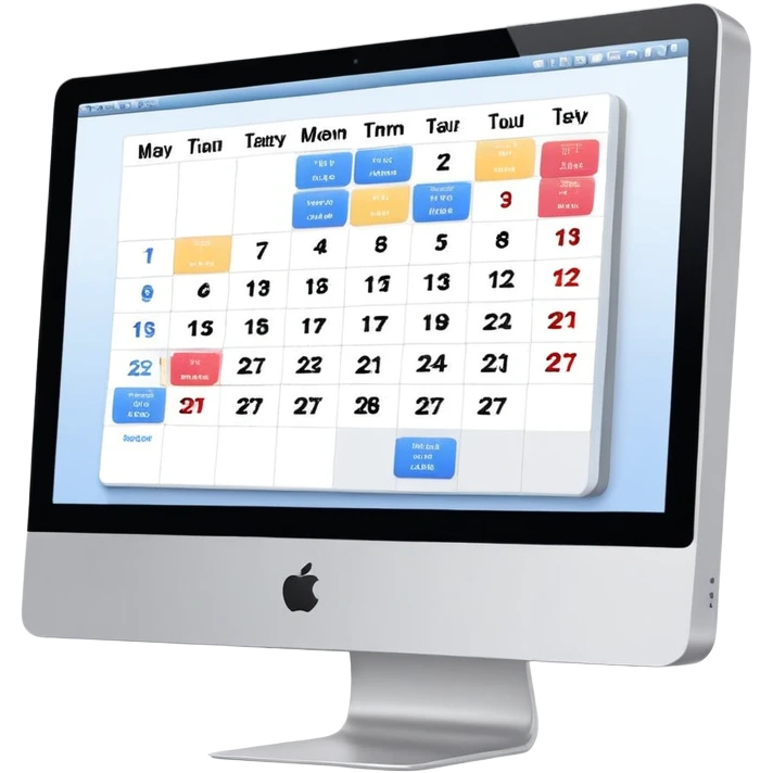 iMac screen showing day view calendar with time slots and booked appointments emoji