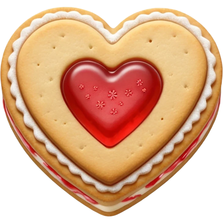 Realistic shortbread cookie in the shape of a heart with light red jelly middle filling and sprinkled powder sugar on top. emoji