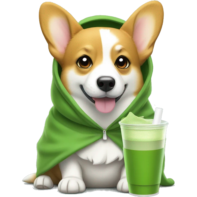 Corgi wearing hoodie drinking matcha  emoji
