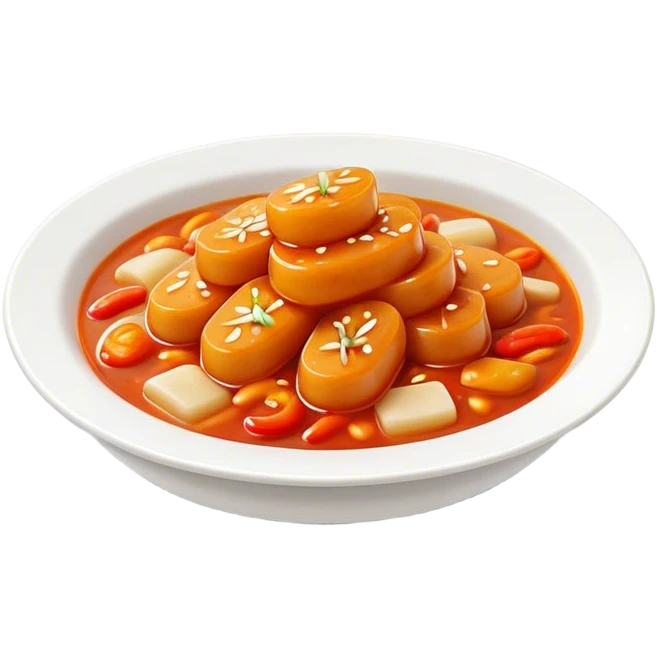 Cinematic Realistic Tteokbokki Dish Emoji, showcasing spicy, chewy rice cakes in a fiery sauce rendered with lifelike detail and bold, dynamic lighting. emoji
