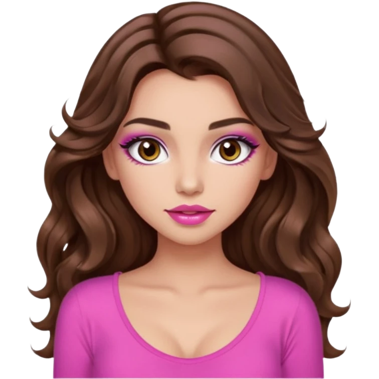 girl with long wavy brown hair, brown eyes, long lashes makeup, sexy pink lips, light to medium complexion, wearing a pink sexy top, no emoji